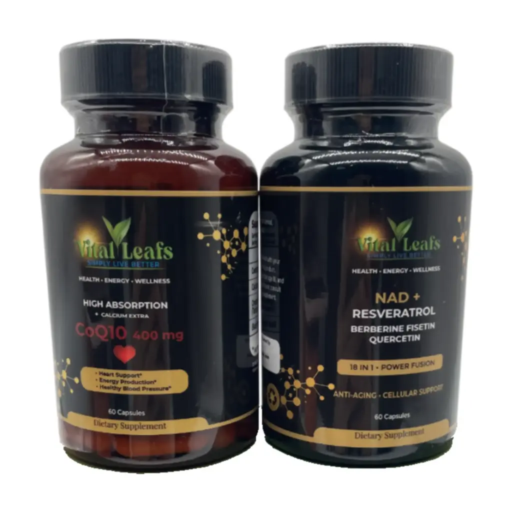 Paquete de suplementos Vital Leafs VitalPower Fusion Boosted Duo | Fórmula NAD+ + Resveratrol y CoQ10 | Antienvejecimiento y refuerzo de energía celular | 2 frascos con diferentes fórmulas (60 cápsulas cada uno)